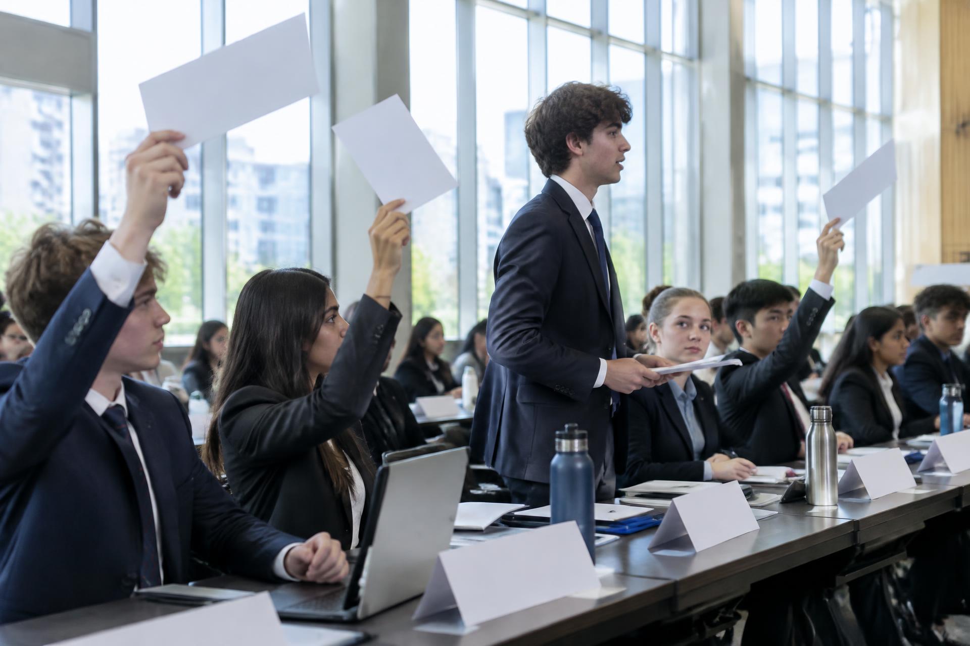 Teenage delegates in suits raising country placards in a bright conference hall, one delegate standing to speak