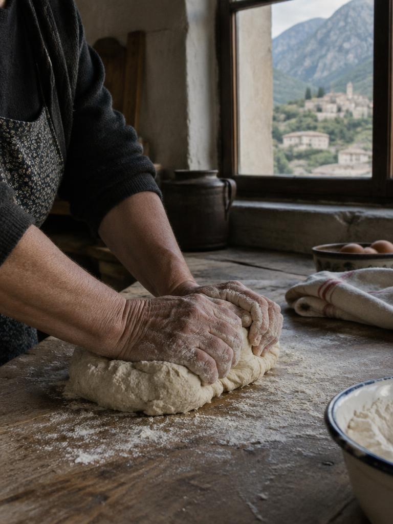 A long table outside a stone house in a southern Albanian village, a local family serving food to students