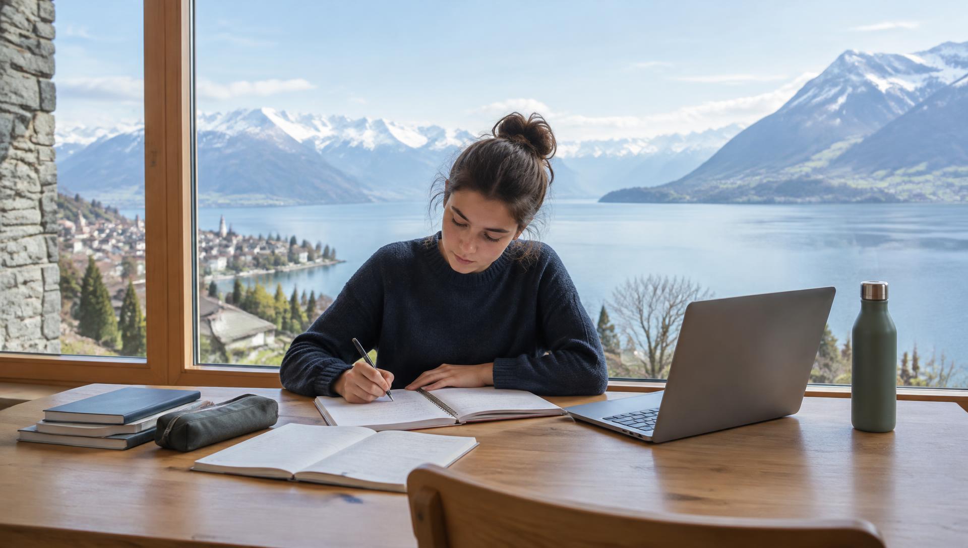 A student working at a desk by a large window overlooking a Swiss lake and mountains