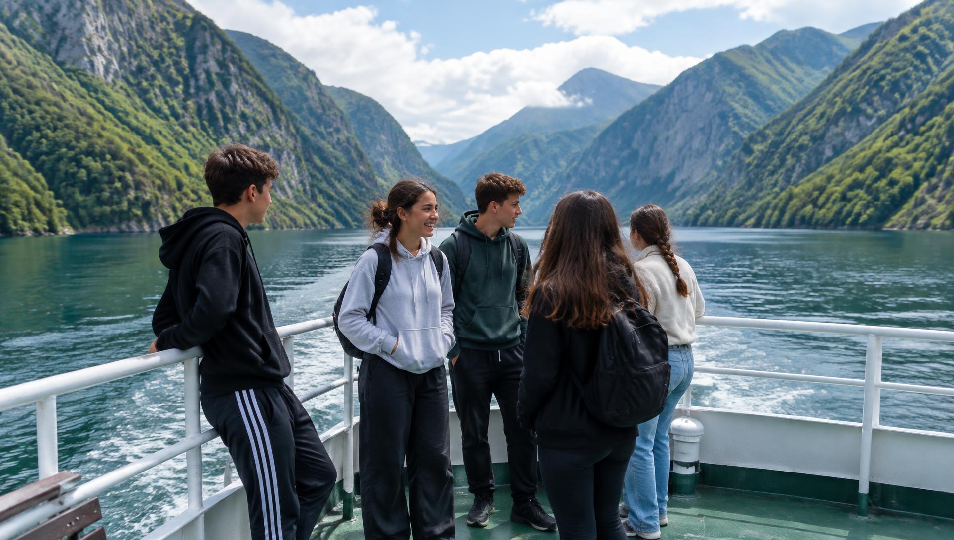 Teenagers on the deck of the Koman Lake ferry between steep green mountains
